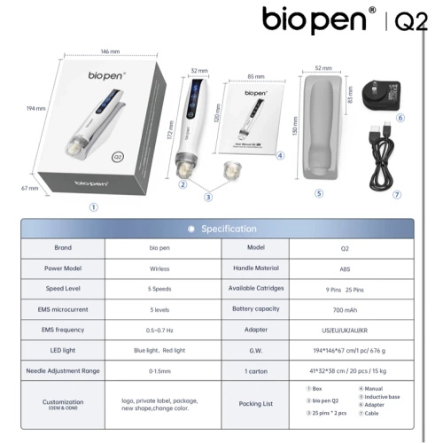 Bio Pen Q2 – dermapen 4w1 z EMS, terapią LED i mikroigłowaniem MTS + 2 kartridże